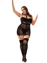 Load image into Gallery viewer, Floerns Women's Plus Size Sexy Lace V Neck Sheer Lingerie Dress with Sockings A Black 4XL