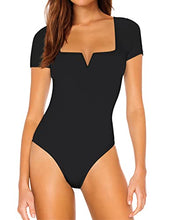 Load image into Gallery viewer, Saungkuai Women's Notch V Neck Short Sleeve Thong Bodysuit Summer Square Neck Body Suits Tops Women Clothing Black Small