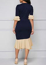 Load image into Gallery viewer, YACUN Women Half Sleeve Bow Tie Neck Work Dress Knee Length Bodycon Dresses Cocktail Darkblue S
