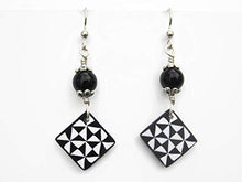 Load image into Gallery viewer, Pinwheel Quilt Block Earrings, Sterling Silver, Black Obsidian Quilters Jewelry, Limited Edition Polymer Clay HST