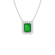 Load image into Gallery viewer, Diamondere Natural and Certified Emerald Cut Emerald and Diamond Halo Necklace in 14k White Gold | 0.58 Carat Pendant with Chain