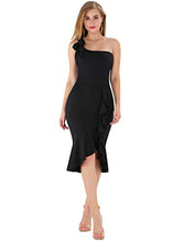 Load image into Gallery viewer, DREAGAL Women's Elegant One Shoulder Ruffle Cocktail Bodycon Midi Dress Black Medium