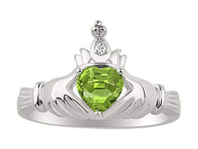 Load image into Gallery viewer, RYLOS Claddagh, Chaddah, Cladder Love, Loyalty Freindship Peridot & Diamond Ring - August Birthstone