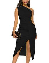 Load image into Gallery viewer, Nature Comfy LilyIn Womens Sleeveless one Shoulder Ruched High Slit Elegant Evening Cocktail Party Dresses (Classic Solid Black, Small)
