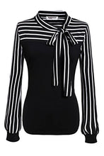 Load image into Gallery viewer, Zeagoo Women's Striped Long Sleeve Bow Tie Neck Stretchy Work Business Office Elegant Blouse Tops Black