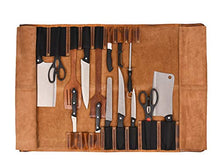 Load image into Gallery viewer, Leather Knife Roll Storage Bag | Elastic and Expandable 10 Pockets | 6 Leather Pocket | Adjustable/Detachable Shoulder Strap | Travel-Friendly Chef Knife Case Roll By Aaron Leather (Caramel, Leather)