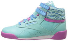 Load image into Gallery viewer, Reebok Freestyle High Classic Shoe (Little Kid/Big Kid), Crystal Blue/Blue Beam/Ultra Berry/White, 1 M US Little Kid