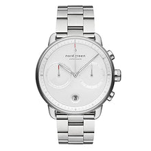 Load image into Gallery viewer, Nordgreen Pioneer Men's Chronograph Watch Scandinavian Silver 42mm with White Dial and 3-Link Strap