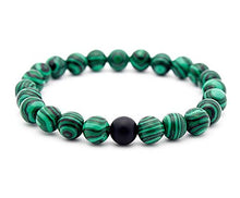 Load image into Gallery viewer, Set of 2 Womens Mens 8mm Handmade Couples Distance Beads Bracelets Friendship Couple Jewelry Round Energy Stone Beads Gemstone Beaded for Valentine Birthday (Malachite Stone & Black Matte Agate)