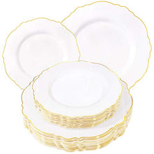Load image into Gallery viewer, WDF 60pcs Gold Plastic Plates -Baroque White &Gold Disposable Plates for Upscale Parties &Wedding-including 30Plastic Dinner Plates 10.25inch,30Salad Plates 7.5inch