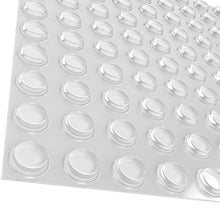 Load image into Gallery viewer, Pack of 100 Cabinet Door Bumpers - 1/2” Diameter Clear Adhesive Pads for Drawers, Glass Tops, Cutting Boards, Picture Frames, Small Furniture