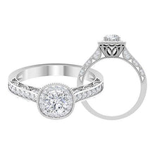 Load image into Gallery viewer, Round Cut 1.00 CT Solitaire Diamond Halo Engagement Ring, Antique Certified Side Stone Bridal Wedding Vintage Engraved Rings, Gold Women Promise Rings, 10K White Gold, Size:US 3.0