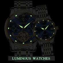 Load image into Gallery viewer, OLEVS Couple Automatic Watches for Men and Women His and Hers Watch Set Gifts Mechanical Self-Winding Tourbillon Big Face Dress Wrist Watch with Day Date Calendar Blue