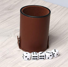 Load image into Gallery viewer, RERIVER PU Leather Dice Cup Set with Storage Compartment Felt Lining Shaker with 5 Dot Dices for Farkle Yahtzee Games Playing Birthday Gift,Brown