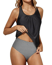 Load image into Gallery viewer, Yonique Women Two Piece Swimsuit Tummy Control Tankini Bathing Suits Racerback Tank Tops with Bottoms Blouson Swimwear Black S