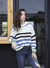 Load image into Gallery viewer, KIRUNDO Women’s Strip Color Block Short Sweater Long Sleeves Stitching Color Round Neck Loose Pullovers Jumper Tops (Medium, 2014-Denim Blue)