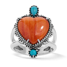 Load image into Gallery viewer, American West Sterling Silver Orange Spiny Oyster and Turquoise Gemstone Heart Ring Size 9