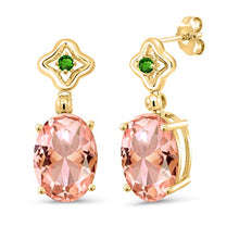 Load image into Gallery viewer, Gem Stone King 18.54 Ct Peach Nano Morganite Green Simulated Tsavorite 18K Yellow Gold Plated Silver Earrings
