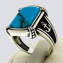 Load image into Gallery viewer, Solid 925 Sterling Silver Rings for Men Turkish Handmade Simulated Turquoise Anchor Luxury Design Premium Quality (9)