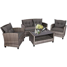 Load image into Gallery viewer, Tangkula 4 PCS Patio Wicker Conversation Furniture Set, Outdoor Rattan Sofa Set with Padded Cushion & Tempered Glass Coffee Table, Wicker Sectional Sofas & Table for Courtyard Balcony Garden (1, Grey)