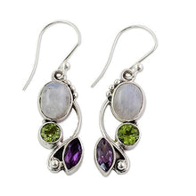 Load image into Gallery viewer, NOVICA Peridot Amethyst Rainbow Moonstone .925 Sterling Silver Dangle Earrings, Natural Glamour'