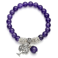 Load image into Gallery viewer, Top Plaza Stretch Amethyst Tree of Life Lucky Stone Bracelet Reiki Healing Crystal Gemstone Dangle Charms Pendant Birthstone Bracelet(6.2")