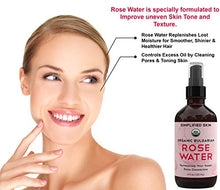 Load image into Gallery viewer, Rose Water for Face & Hair, USDA Certified Organic Facial Toner. Alcohol-Free Makeup Setting Hydrating Spray Mist. 100% Natural Anti-Aging Petal Rosewater by Simplified Skin (4 oz)