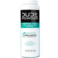 Load image into Gallery viewer, Dude Products Body Powder, Menthol Chill 4 Ounce Bottle Natural Deodorizers Cooling Menthol & Aloe, Talc Free Formula, Corn-Starch Based Daily Post-Shower Deodorizing Powder for Men, Cooling Menthol