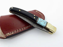 Load image into Gallery viewer, Damascus Knives Laguiole Style Pocket Knife Ram Horn & Turquoise Handle With Leather Sheath Made in Ancient Persian Indus Valley