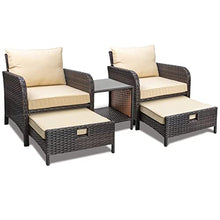 Load image into Gallery viewer, LeveLeve Balcony Furniture 5 Piece Patio Conversation Set, PE Wicker Rattan Outdoor Lounge Chairs with Soft Cushions 2 Ottoman&Glass Table for Porch, Lawn-Brown Wicker (Sand)