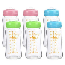 Load image into Gallery viewer, Matyz Glass Breastmilk Storage Bottles, 6 Pack, 8 oz, Compatible With Spectra Medela Breast Pump - Freezer Safe Storage Bottles Set - Wide Mouth Breastmilk Storage Containers - BPA Free (3 Color Lids)