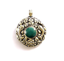 Load image into Gallery viewer, Handmade Tibetan Ethnic Tribal Gypsy Authentic Turquoise Gemstone Pendant for Woman & Men 925 Oxidized Silver Plated Round Fashion Fish Engraving Boho Amulet Pendant Jewelry