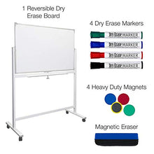 Load image into Gallery viewer, Large 48"x32" White Board on Wheels: 1 Reversible Magnetic Dry Erase Board with Rolling Stand, 4 Dry Erase Markers, 1 Eraser, 4 Magnets, 1 Marker Tray