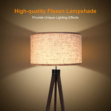 Load image into Gallery viewer, LEPOWER Wood Tripod Floor Lamp, Mid Century Standing Reading Light for Living Room, Bedroom, Study Room and Office, Modern Design, Flaxen Lamp Shade with E26 Lamp Base (Walnut)
