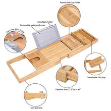 Load image into Gallery viewer, BOSSJOY Luxury Wood Bamboo Bathtub Bath Tub Caddy Tray with Extending Sides Built in Book Tablet Phone Wineglass Holder