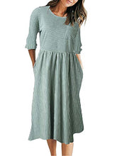 Load image into Gallery viewer, MEROKEETY Women's 3/4 Balloon Sleeve Striped High Waist T Shirt Midi Dress with Pockets