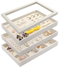 Load image into Gallery viewer, Mebbay Stackable White Jewelry Trays Organizer Set with Clear Lid Jewelry Storage Display Trays for Drawer, Earring Necklace Bracelet Ring Organizer, Set of 4