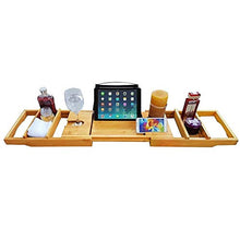 Load image into Gallery viewer, Wine Rack H Luxury Bamboo Bathtub Caddy Bath Tub Tray with Extending Sides Built in Book Tablet Holder Cellphone Tray & Integrated Wineglass Holder and Other Accessories Placement