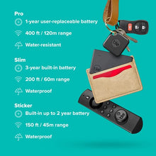 Load image into Gallery viewer, Tile Pro Essentials (2020) 4-Pack (2 Black Pros, 1 Slim, 1 Sticker) - High Performance Bluetooth Trackers & Item Locators for Keys, Luggage, Wallets and Remotes; Easily Find All Your Things