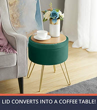 Load image into Gallery viewer, Ornavo Home Modern Round Velvet Storage Ottoman Foot Rest Stool/Seat with Gold Metal Legs & Tray Top Coffee Table - Emerald Green