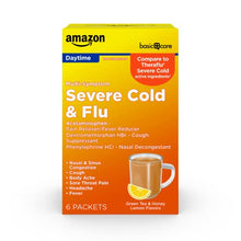 Load image into Gallery viewer, Amazon Basic Care Severe Cold & Flu Relief, Green Tea & Honey Lemon Flavors; Relieves Cough, Sore Throat Pain, Body Ache, Headache and Fever, 6 Count