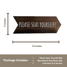Load image into Gallery viewer, YELLOW LOTUS Funny Bathroom Signs - Please Seat Yourself Bathroom Sign & Best Seat in the House Wooden Funny Signs, Rustic Arrow Wall Hanging Decor, Set of 2 Bathroom Wall Art 14 X 5 In (Brown)