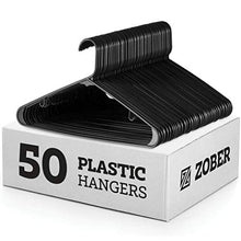 Load image into Gallery viewer, Black Standard Plastic Hangers (50 Pack) Durable Tubular Shirt Hanger Ideal for Laundry & Everyday Use, Slim & Space Saving, Heavy Duty Clothes Hanger for Coats, Pants, Dress, Etc. Hangs up to 5.5 lbs