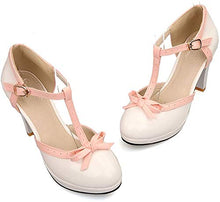 Load image into Gallery viewer, ForeMode Fashion Women T-Strap High Heels Bow Platform Round Toe Pumps Leather Summer Sweet Shoes (White, Numeric_7)