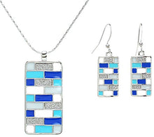 Load image into Gallery viewer, Lova Jewelry Aqua Turquoise Electric Blue Mosaic Glitter Silver Tone Metal Necklace Earrings Set