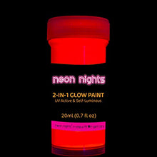 Load image into Gallery viewer, 2-IN-1 Glow In The Dark Acrylic Paint Set by neon nights – Glows in the Dark & under UV Blacklight - Set of 8 Self-Luminous Neon Paints for Halloween - German Premium Quality - Phosphorescent
