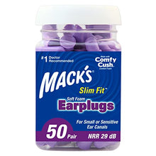 Load image into Gallery viewer, Mack's Slim Fit Soft Foam Earplugs, 50 Pair - Small Ear Plugs for Sleeping, Snoring, Traveling, Concerts, Shooting Sports & Power Tools