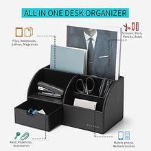 Load image into Gallery viewer, Office Desk Organizer with Drawer, PU Leather Office Supplies Caddy with Pencil Holder and Storage Baskets for Desktop Accessories, 6 Compartments with Drawer, Black