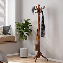 Load image into Gallery viewer, VASAGLE Coat Rack Free Standing with 11 Hooks, Wooden Hall Tree Coat Hat Tree Coat Holder with Solid Rubberwood Base for Coat, Hat, Clothes, Scarves, Handbags, Umbrella, Dark Walnut URCR05WN