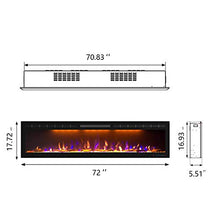 Load image into Gallery viewer, Mystflame 72 inch Electric Fireplace - Ultra Slim Frame - in Wall Recessed & Wall Mounted - Multicolor Flame - Log & Crystal Hearth - 1500/750 Watt Heater - Remote Control & Touch Screen- Timer